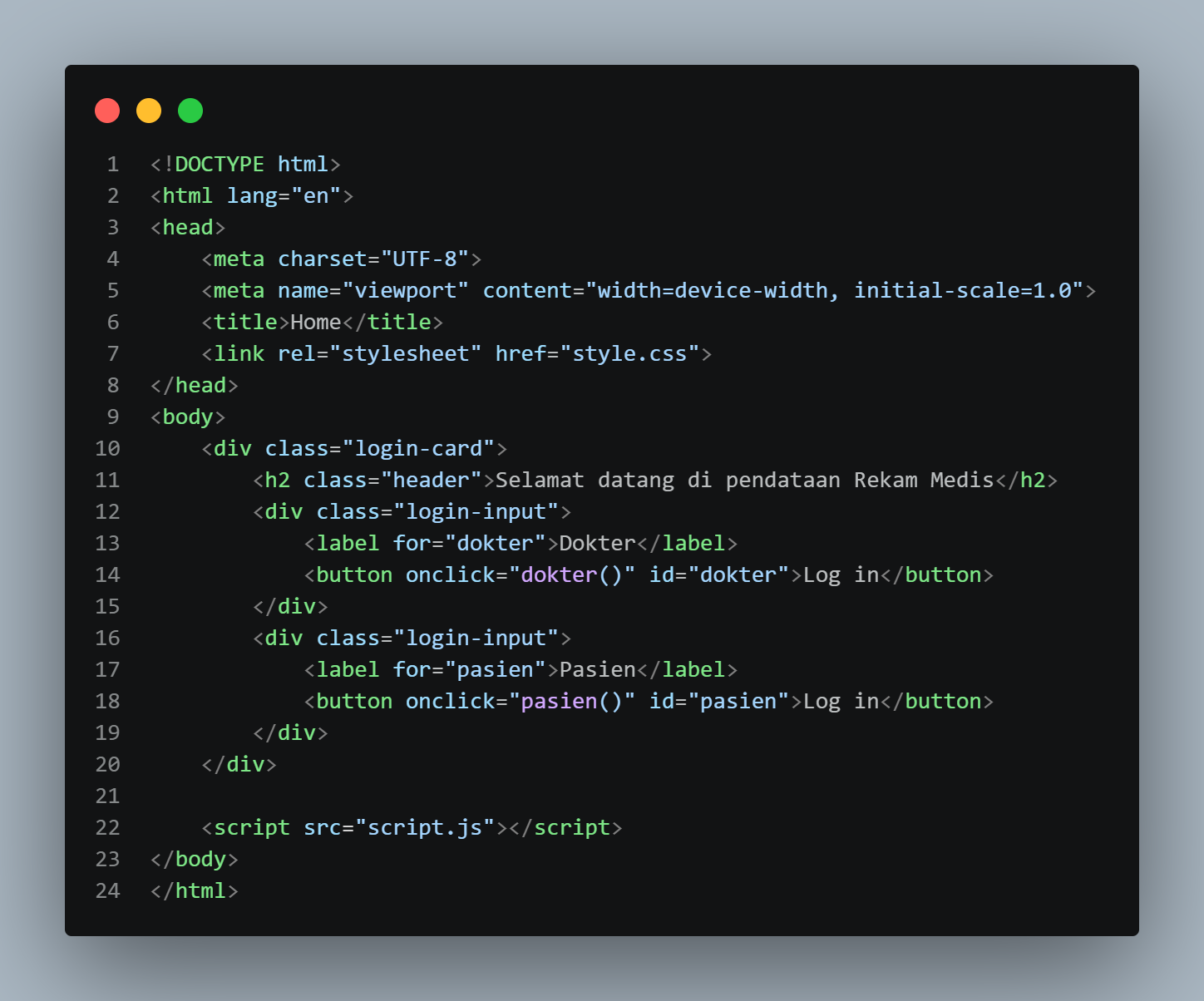 Struktur HTML untuk menampilkan bagian awal pada projek rekam medis.